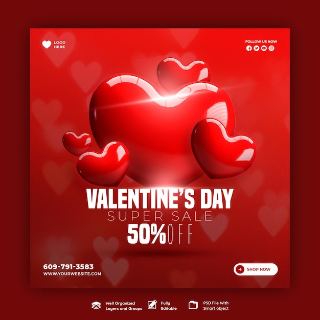 Happy valentine's day kortingsverkoop instagram of social media postsjabloon