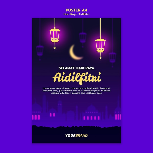 Hari raya aidilfitri poster sjabloon met maan en lantaarns