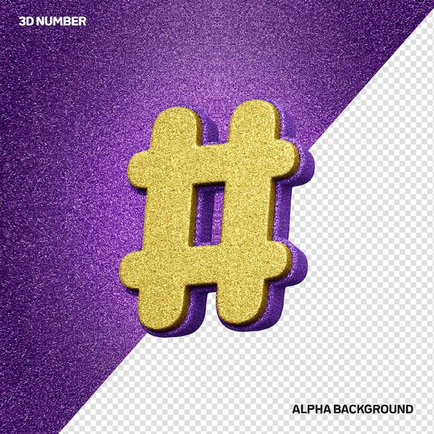 Gratis PSD hashtag symbool 3d alfabet met gouden glitter realistische textuur met lila