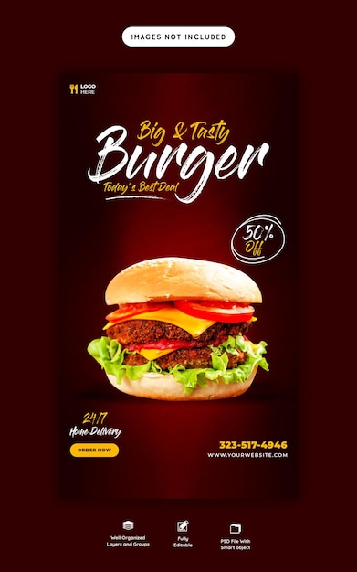 Heerlijk hamburger- en voedselmenu instagram- en facebook-verhaalsjabloon