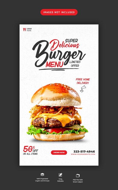 Heerlijk hamburger- en voedselmenu Instagram en social media-verhaalsjabloon