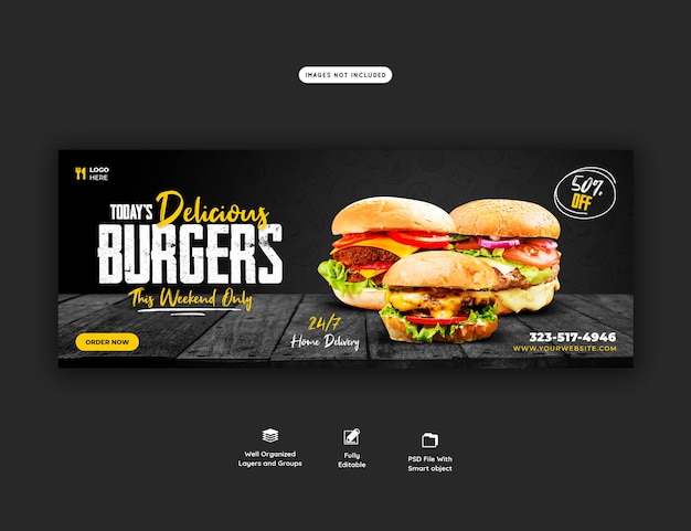 Heerlijke hamburger en eten menu facebook voorbladsjabloon