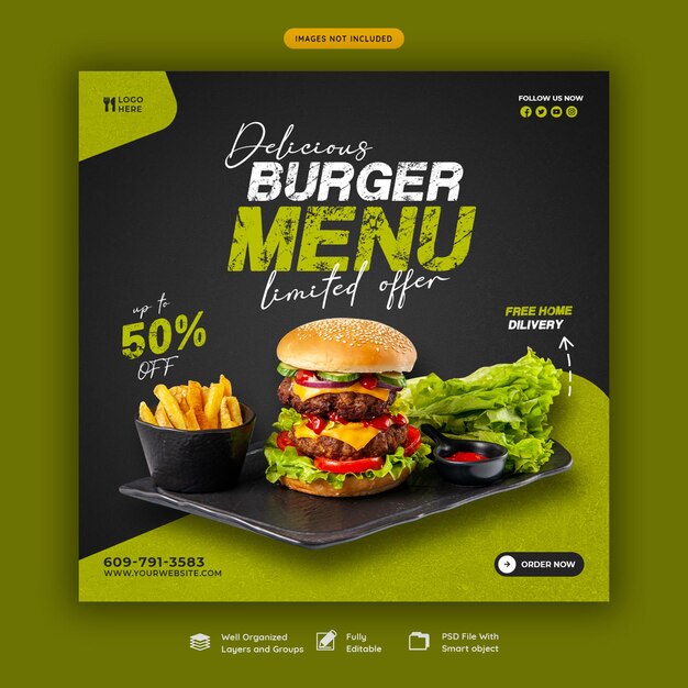 Heerlijke hamburger en eten menu social media bannersjabloon