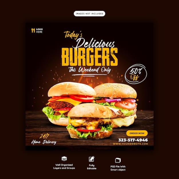 Heerlijke hamburger en eten menu social media bannersjabloon