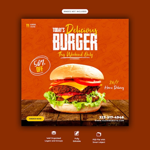 Heerlijke hamburger en eten menu social media bannersjabloon