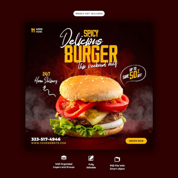 Gratis PSD heerlijke hamburger en eten menu social media bannersjabloon