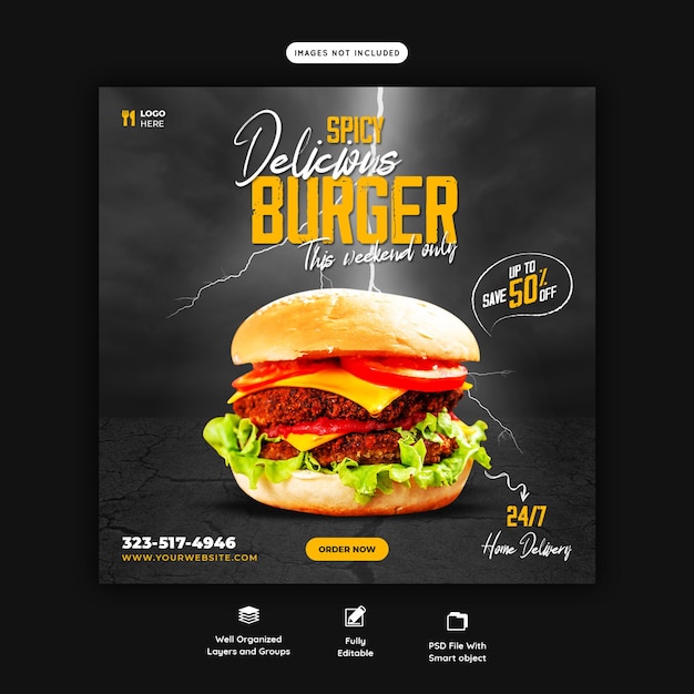 Heerlijke hamburger en eten menu social media bannersjabloon