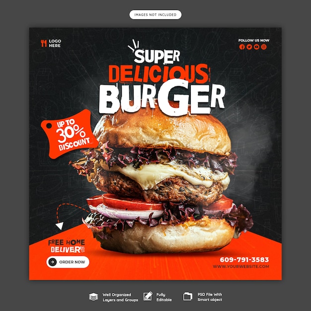 Heerlijke hamburger en eten menu sociale media-sjabloon voor spandoek