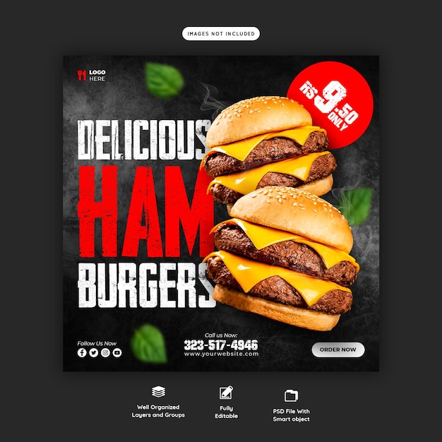 Heerlijke hamburger en eten menu sociale media-sjabloon voor spandoek