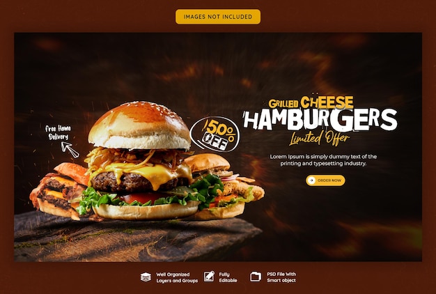 Heerlijke hamburger en eten menu websjabloon voor spandoek
