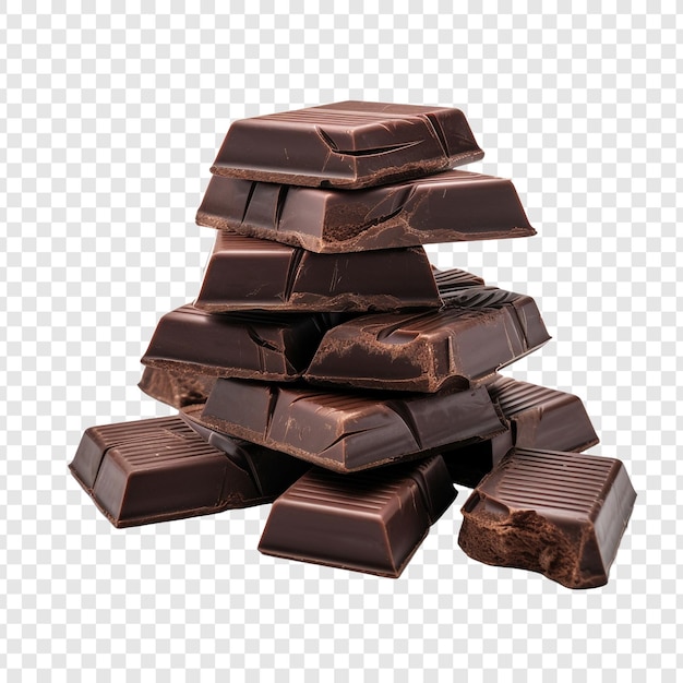 Heerlijke stukjes donkere chocolade geïsoleerd op een transparante achtergrond