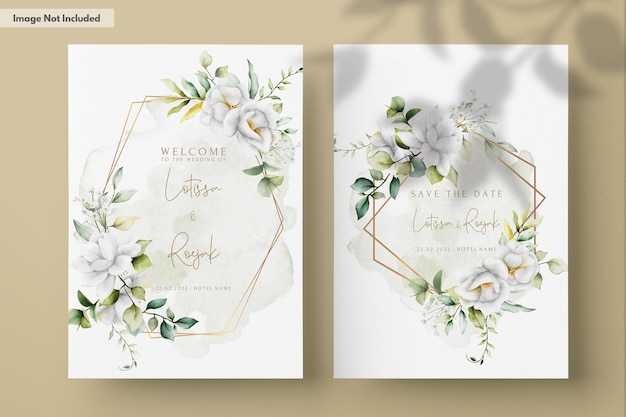 PSD gratuito hermosa invitación de boda en acuarela con hojas verdes y flor blanca