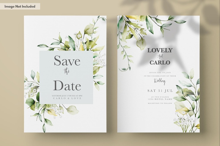 hermosa invitación de boda en acuarela con hojas verdes y flor blanca