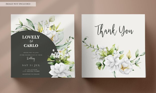 hermosa invitación de boda en acuarela con hojas verdes y flor blanca