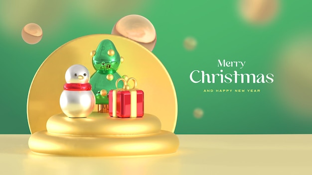 Hermosa plantilla de banner de feliz navidad con podio 3d y elementos realistas