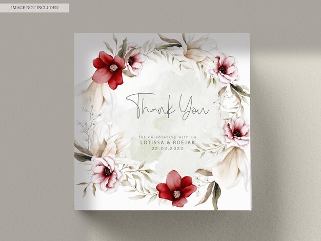 hermosa tarjeta de invitación de boda de acuarela con elegante flor y follaje bohemio