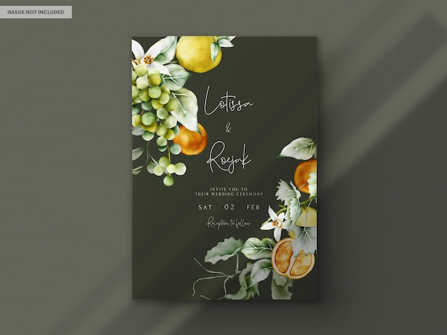 PSD gratuito hermosa tarjeta de invitación de boda con acuarela de frutas botánicas y flores