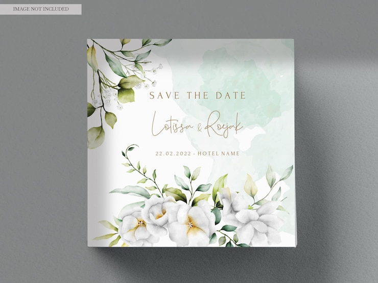 Hermosa tarjeta de invitación de boda de acuarela con hojas verdes y flor blanca
