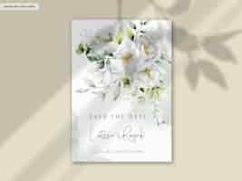 PSD gratuito hermosa tarjeta de invitación de boda de acuarela con hojas verdes y flor blanca