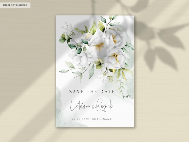 Hermosa tarjeta de invitación de boda de acuarela con hojas verdes y flor blanca