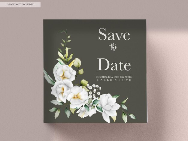 Hermosa tarjeta de invitación de boda de acuarela con hojas verdes y flor blanca