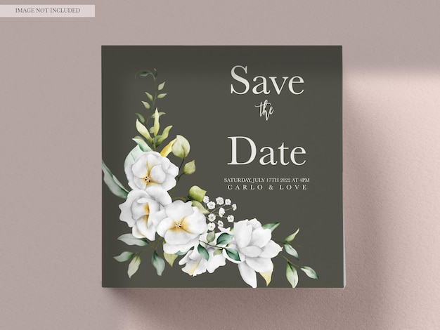 Hermosa tarjeta de invitación de boda de acuarela con hojas verdes y flor blanca