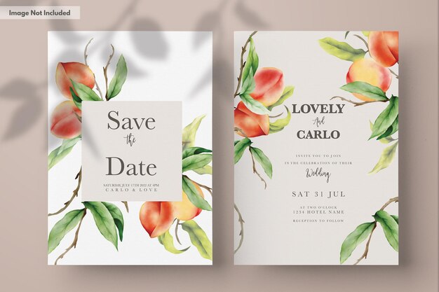 hermosa tarjeta de invitación de boda con acuarela de melocotones dibujada a mano