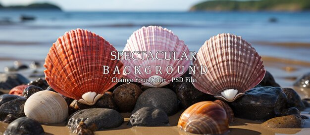 Hermosas conchas marinas en la playa enfoque selectivo