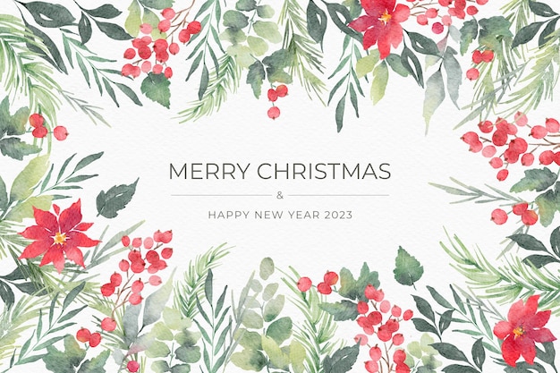 Hermoso fondo de Navidad de acuarela con hojas y flores