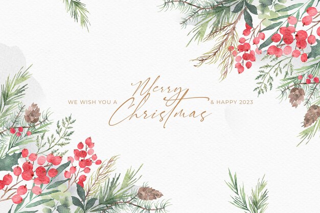 Hermoso fondo de Navidad de acuarela con hojas y flores