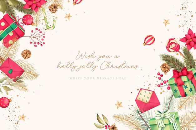Hermoso fondo navideño con adornos de acuarela y naturaleza invernal