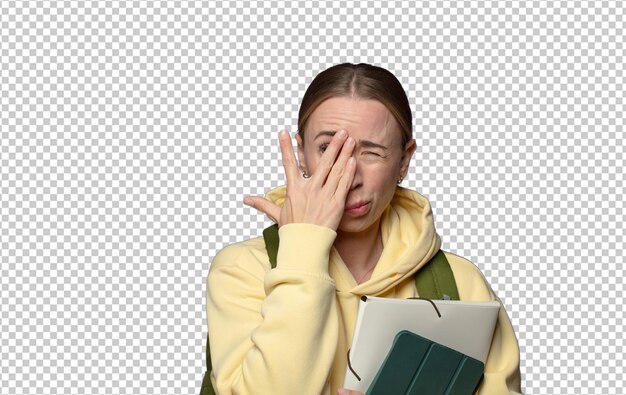 het gezicht bedekken met handen tussen de vingers kijken met een verbaasde uitdrukking en naar de zijkant kijken