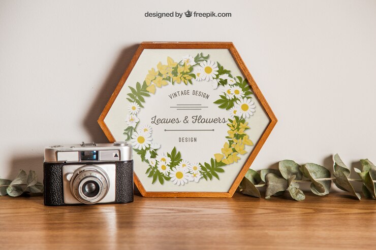 PSD Gratis hexagonal frame mockup with camera