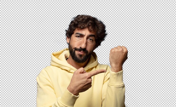 Gratis PSD hij ziet er ongeduldig en boos uit, wijst op het horloge, vraagt om punctualiteit, wil op tijd zijn.