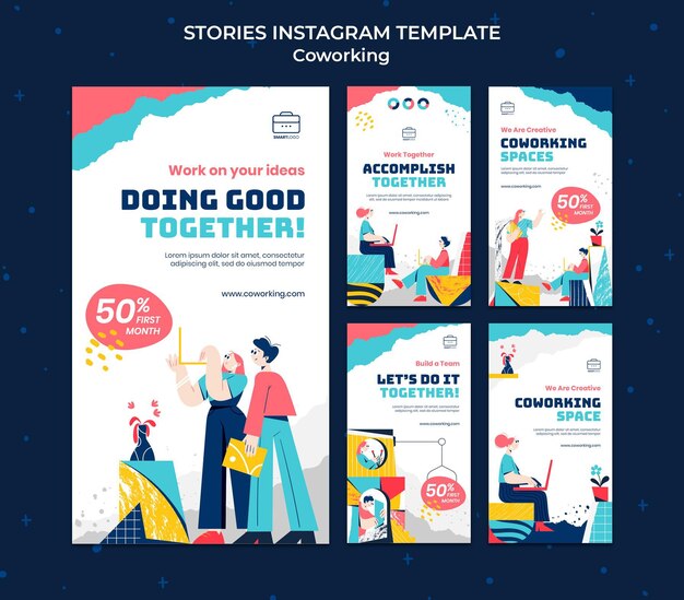 Historias de coworking en redes sociales ilustradas
