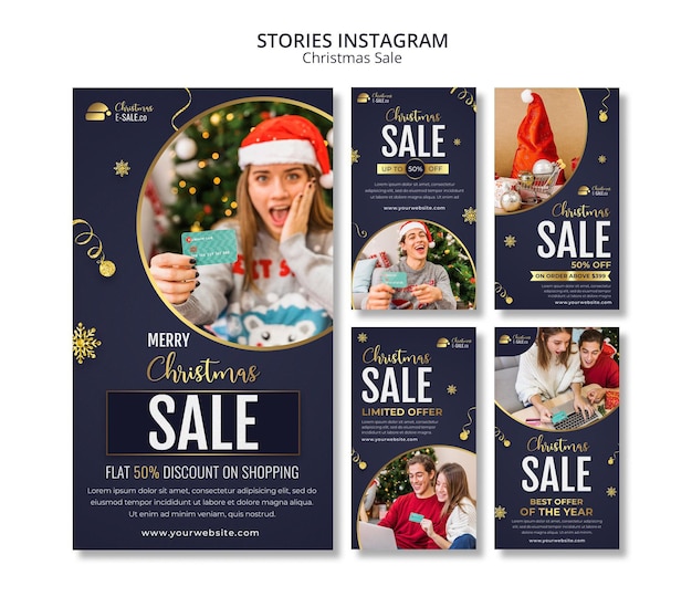 PSD gratuito historias de ig de rebajas navideñas con detalles dorados