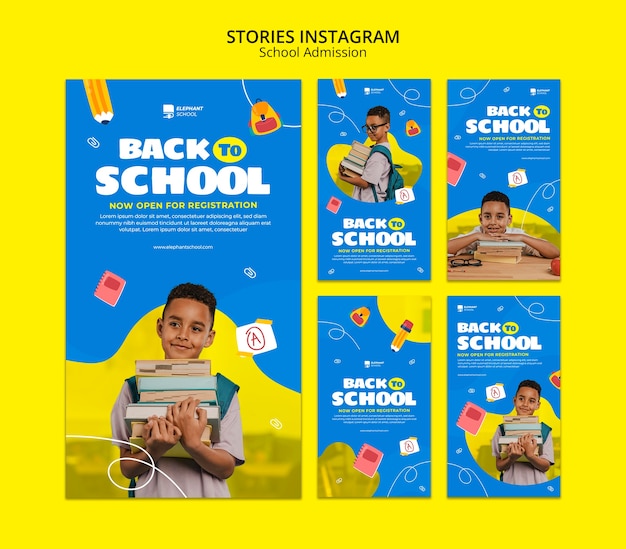 PSD gratuito historias de instagram de admisión a la escuela de diseño plano