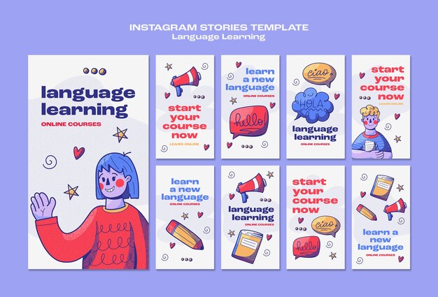 Historias de instagram de aprendizaje de idiomas dibujadas a mano