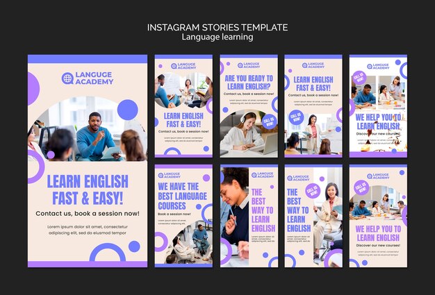 Historias de instagram de aprendizaje de idiomas de diseño plano
