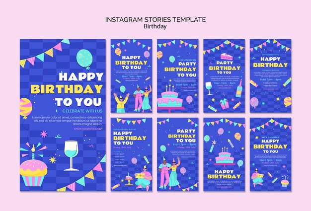 Historias de instagram de celebración de cumpleaños de diseño plano