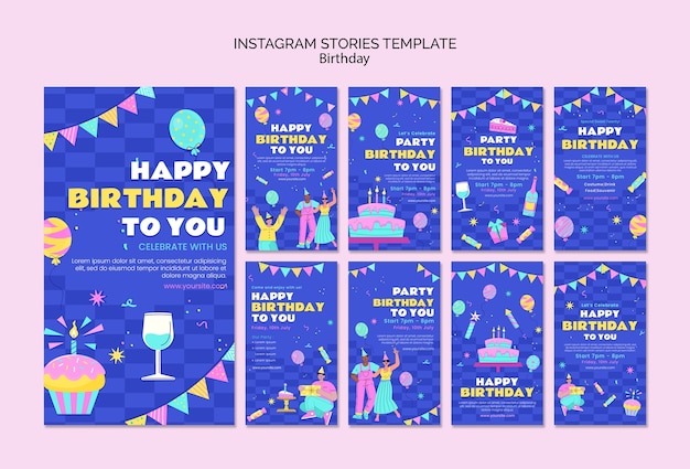 Historias de instagram de celebración de cumpleaños de diseño plano