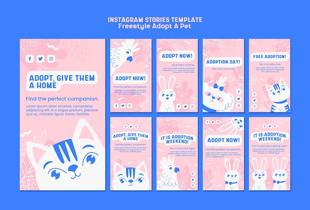 PSD gratuito historias de instagram con el concepto de adoptar mascota