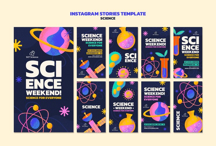 PSD gratuito historias de instagram de eventos científicos dibujadas a mano.