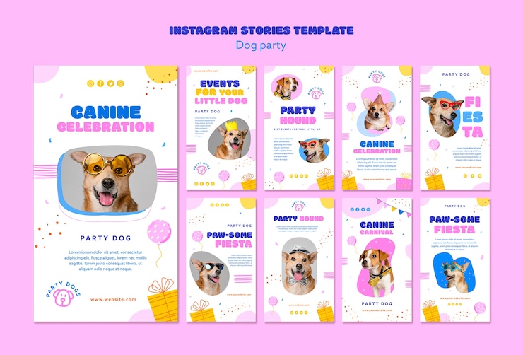 PSD gratuito historias de instagram de fiesta de perros de diseño plano