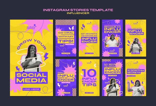 PSD gratuito historias de instagram de trabajo de influencer de diseño plano