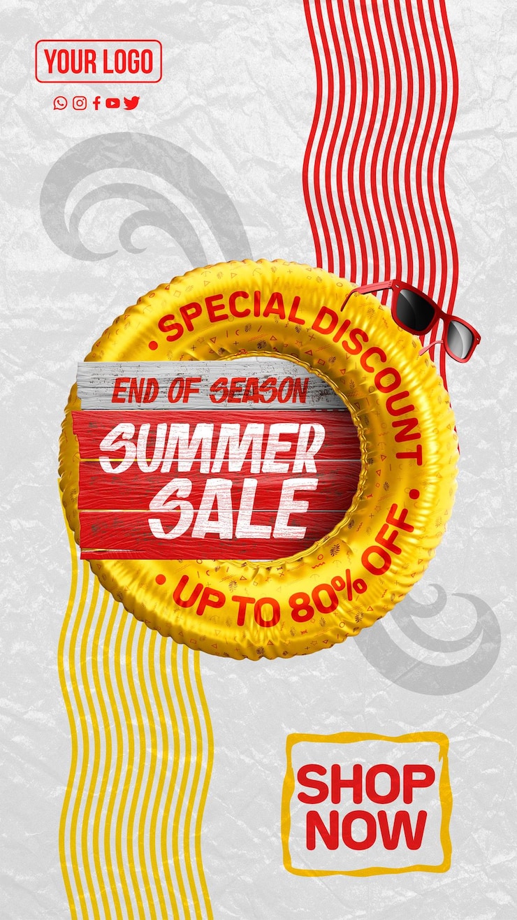 PSD gratuito historias de redes sociales fin de temporada oferta de verano descuento especial hasta 80 de descuento