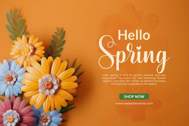 Hola banner de rebajas de primavera con flores y hojas.