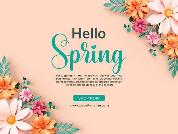 Hola plantilla de banner de primavera con flor de margarita