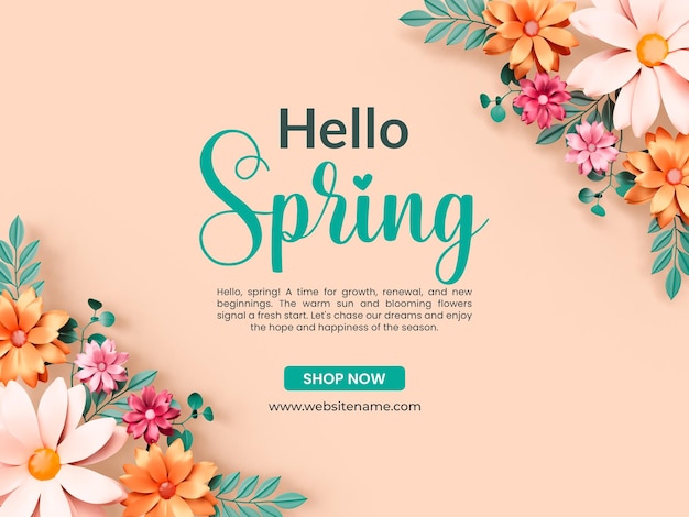 Hola plantilla de banner de primavera con flor de margarita