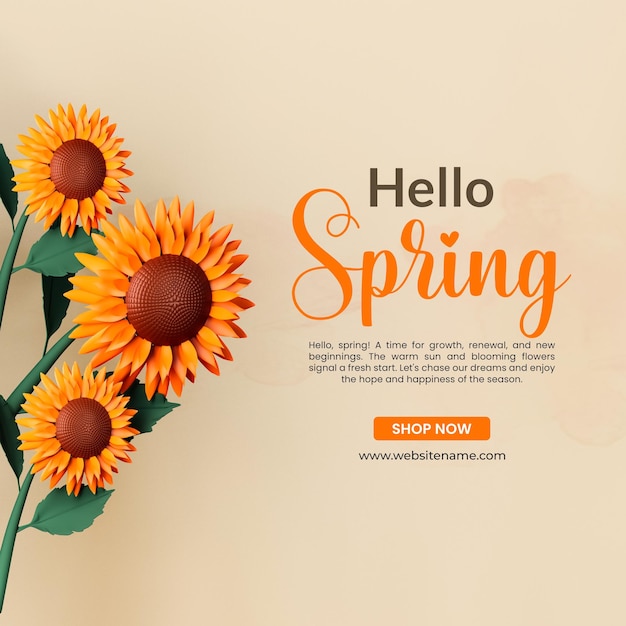 Hola plantilla de publicación de saludo de primavera con girasol